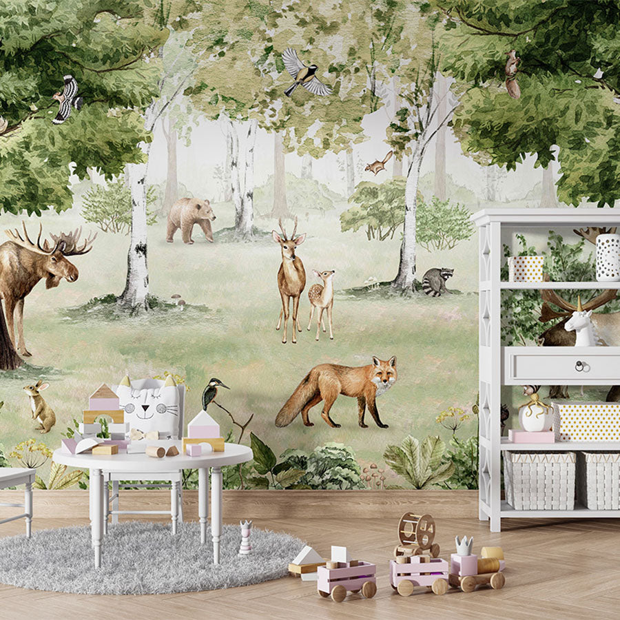 Woodland Wonders wallpaper mural in a children’s playroom table