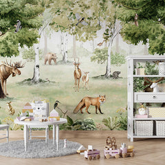 Woodland Wonders wallpaper mural in a children’s playroom table