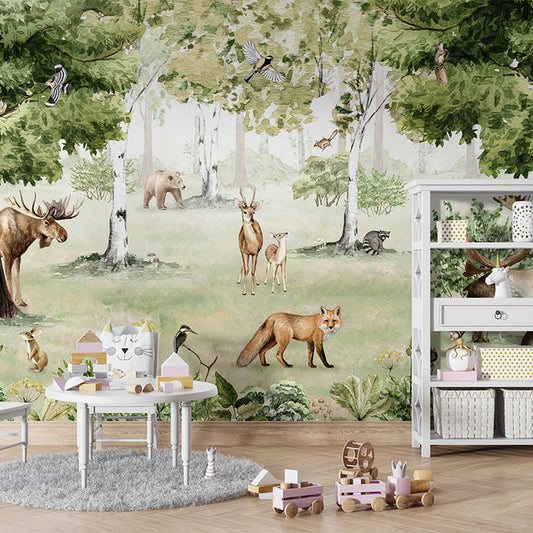 Woodland Wonders wallpaper mural in a children’s playroom table