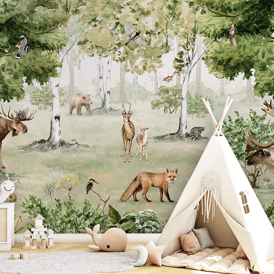 Woodland Wonders wallpaper mural in a children’s playroom tipi