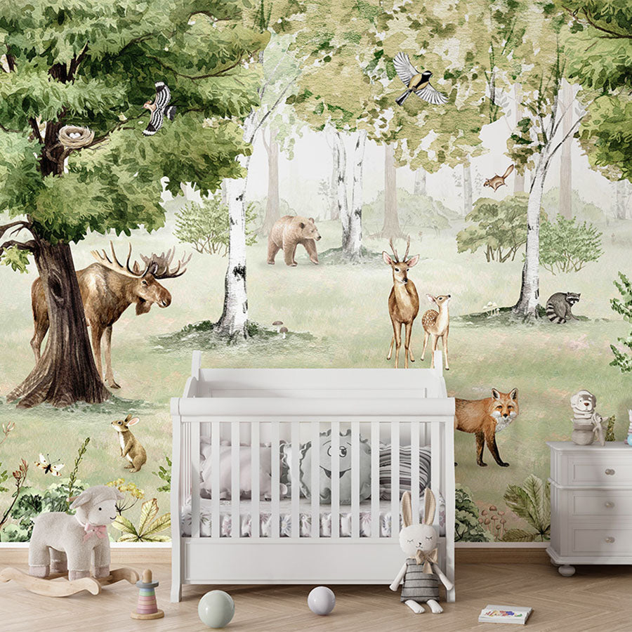 Woodland Wonders wallpaper mural in a nursery cot
