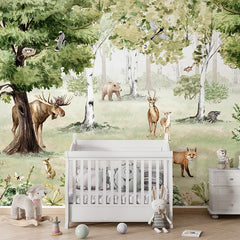 Woodland Wonders wallpaper mural in a nursery cot